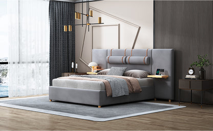 Queen Upholstered Platform Bed, Two Outlets and USB Charging Ports on Both Sides, Two Bedside Pillows, Storage Shelves, Gray