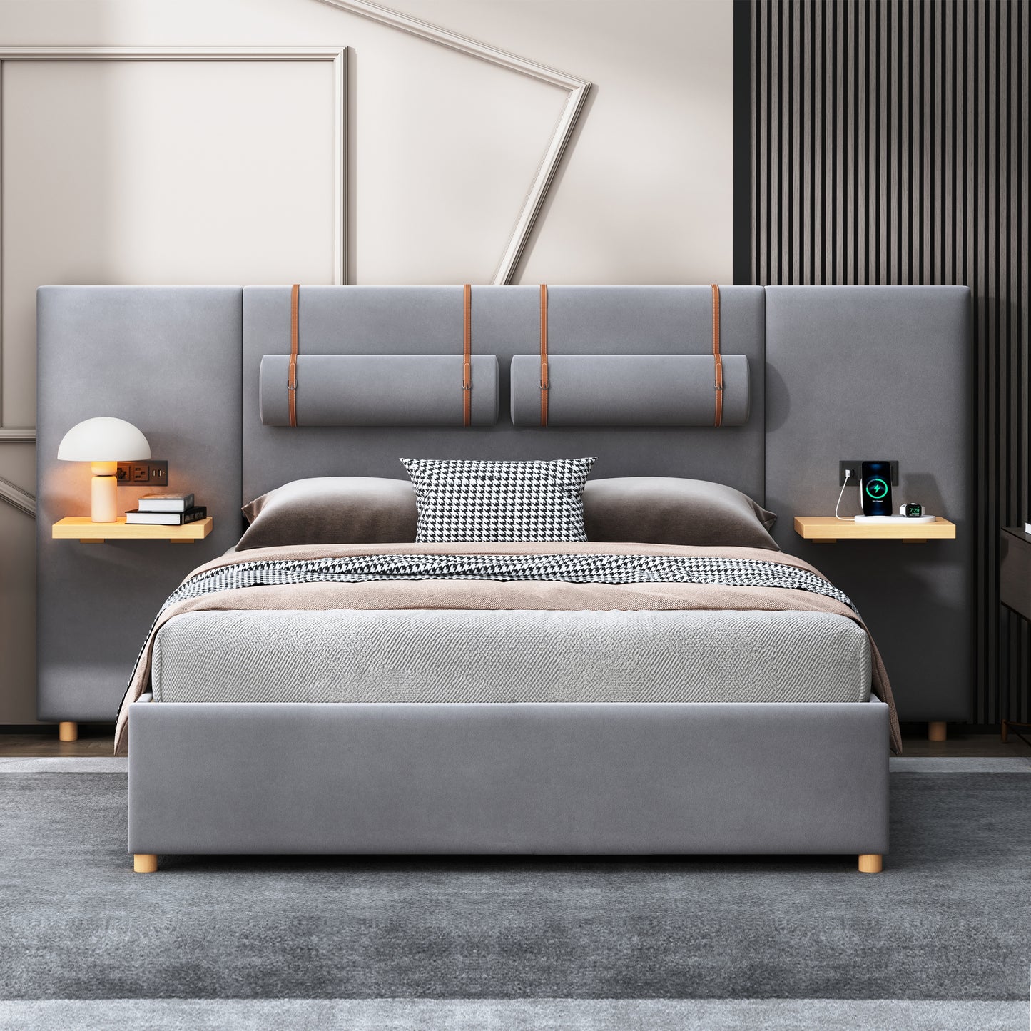 Queen Upholstered Platform Bed, Two Outlets and USB Charging Ports on Both Sides, Two Bedside Pillows, Storage Shelves, Gray