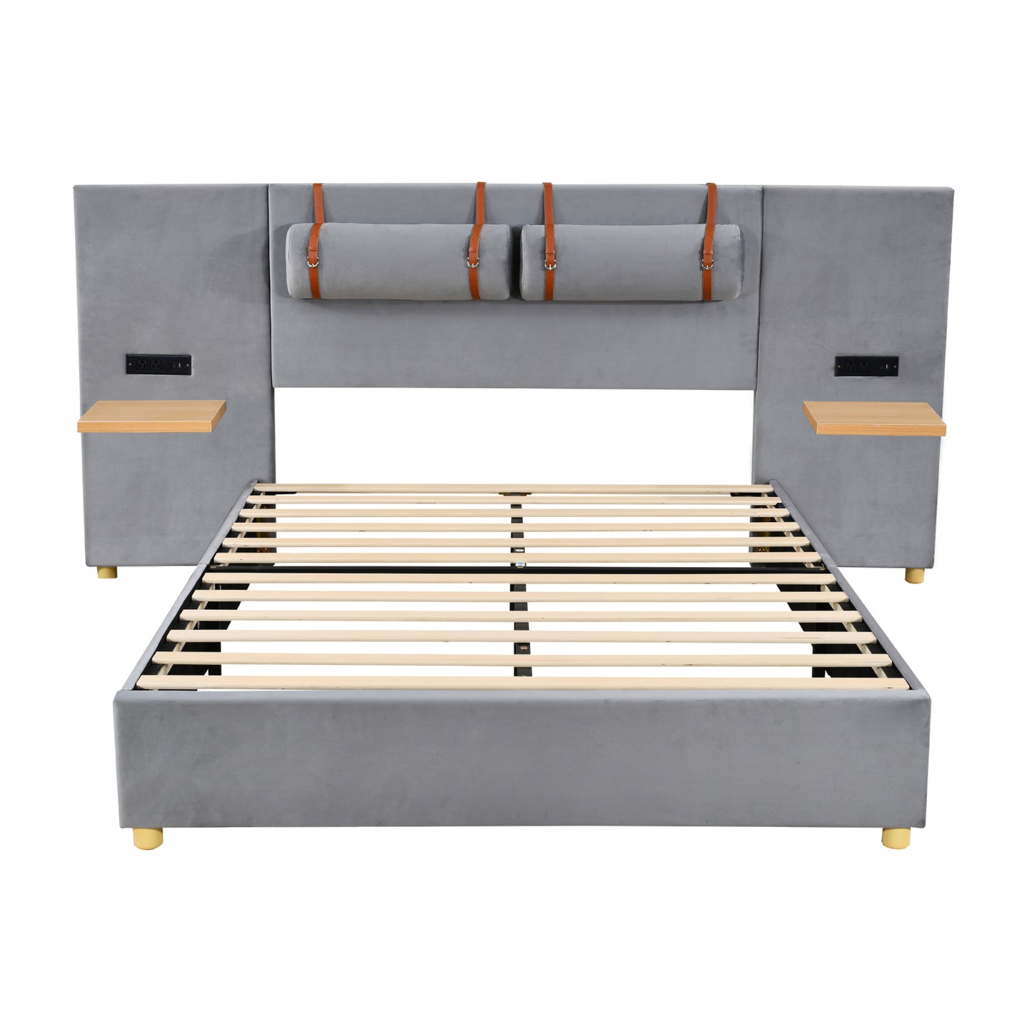 Queen Upholstered Platform Bed, Two Outlets and USB Charging Ports on Both Sides, Two Bedside Pillows, Storage Shelves, Gray
