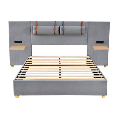 Queen Upholstered Platform Bed, Two Outlets and USB Charging Ports on Both Sides, Two Bedside Pillows, Storage Shelves, Gray