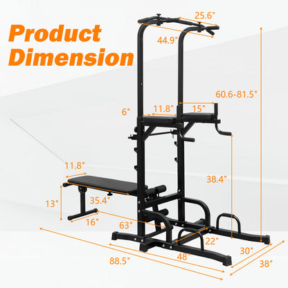 Power Tower Dip Station with Bench Pull Up Bar Stand Adjustable Height Heavy Duty Multi-Function Fitness Training Equipment for Home Office Gym-Does not support self pick up