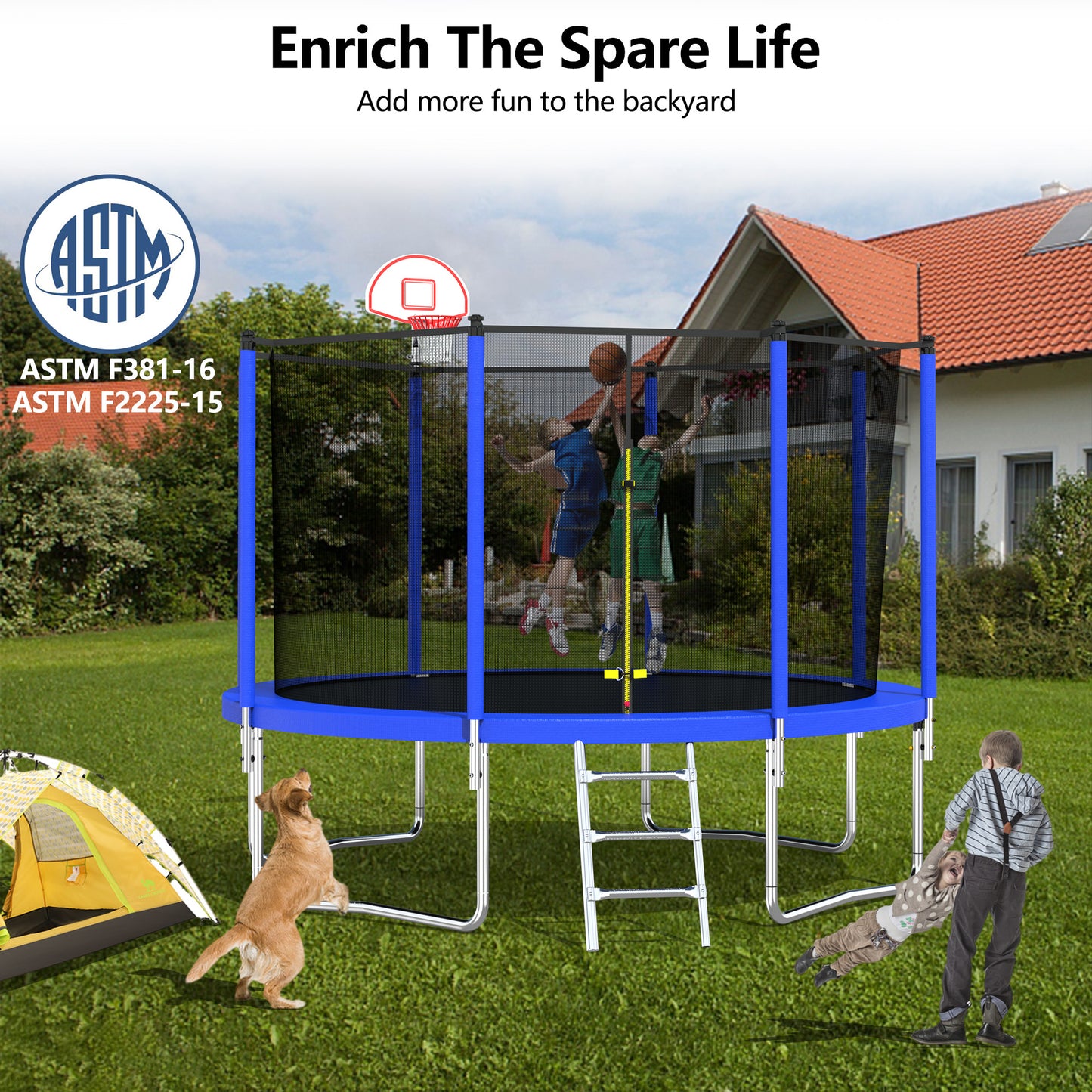 12FT Trampoline for Kids & Adults with Basketball Hoop and Ball ,Recreational Trampolines with Safety Enclosure for Back Yard Outdoor