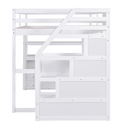 Full Size Loft Bed with Desk and Shelves, Two Built-in Drawers, Storage Staircase, White
