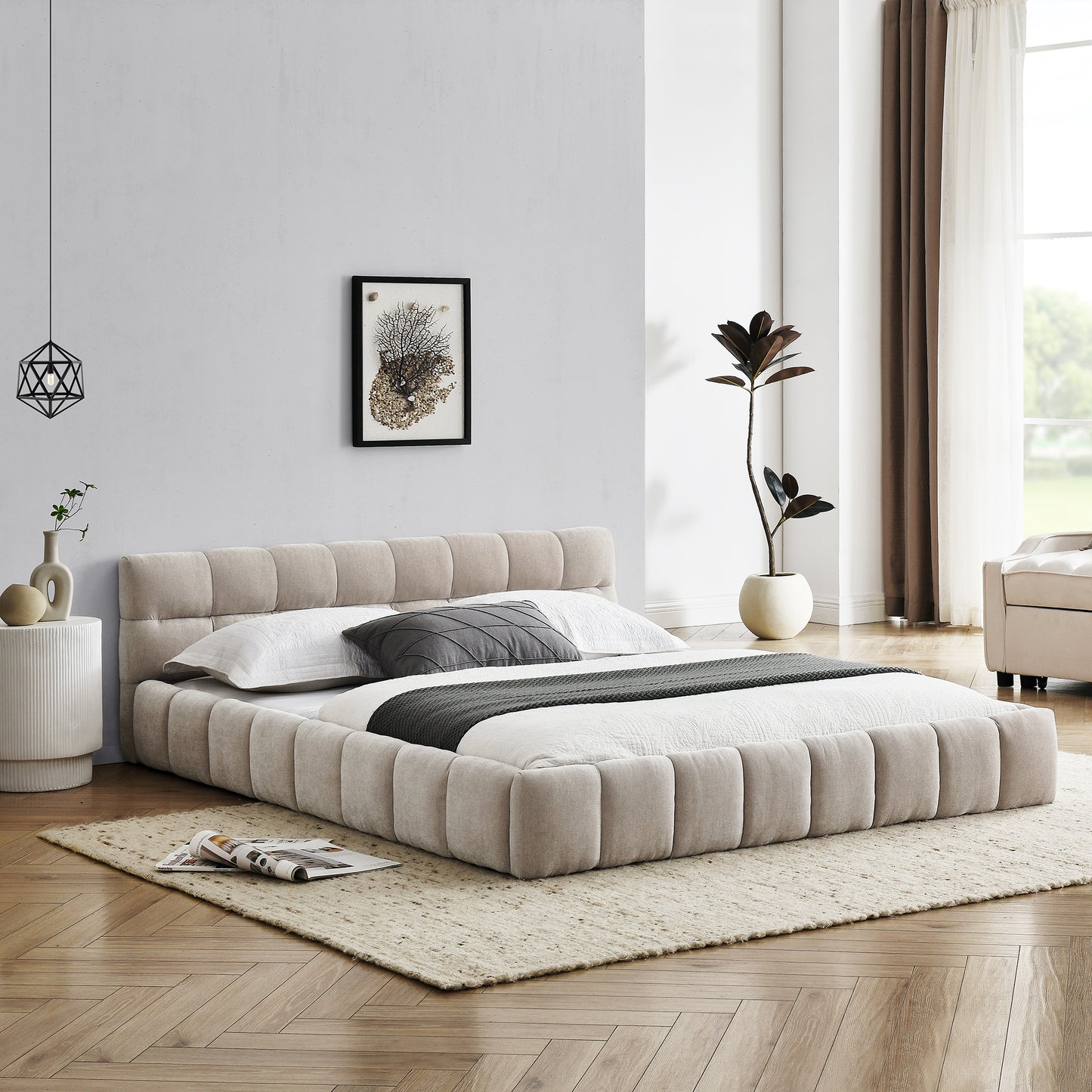 Queen Size Upholstered Bed Frame with Thick Fabric, Chenille Fabric Grounded Queen Size Platform Bed with Headboard and Solid Frame. No Box Spring Needed, Beige(68''*86.5''*23.5'')