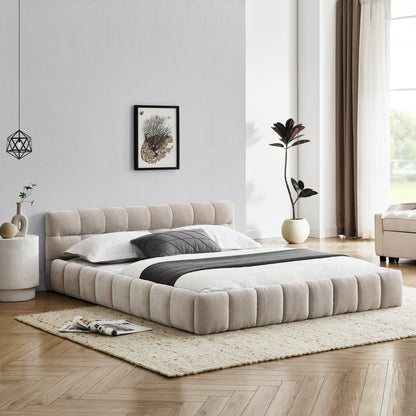 Queen Size Upholstered Bed Frame with Thick Fabric, Chenille Fabric Grounded Queen Size Platform Bed with Headboard and Solid Frame. No Box Spring Needed, Beige(68''*86.5''*23.5'')