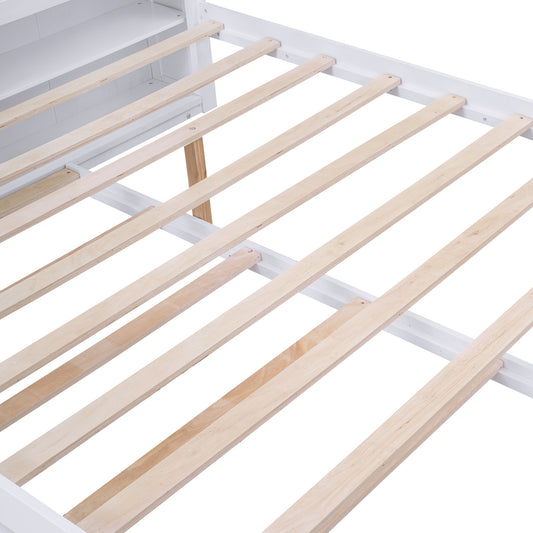 Queen Size Storage Platform Bed with Pull Out Shelves and Twin  XL Size Trundle, White