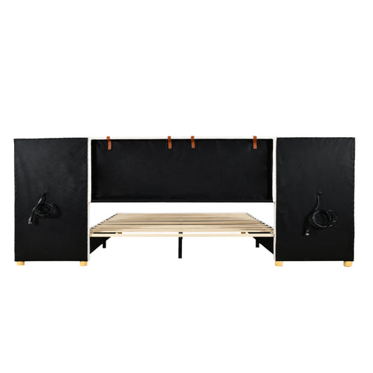 Queen Size Upholstered Platform Bed, Two Outlets and USB Charging Ports on Both Sides, Two Bedside Pillows, Storage Shelves, Beige
