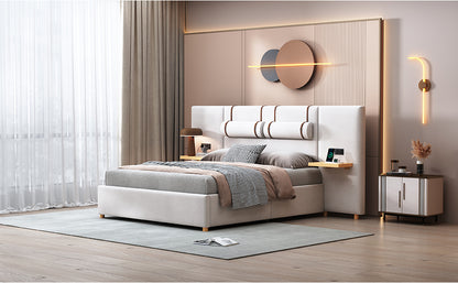 Queen Size Upholstered Platform Bed, Two Outlets and USB Charging Ports on Both Sides, Two Bedside Pillows, Storage Shelves, Beige
