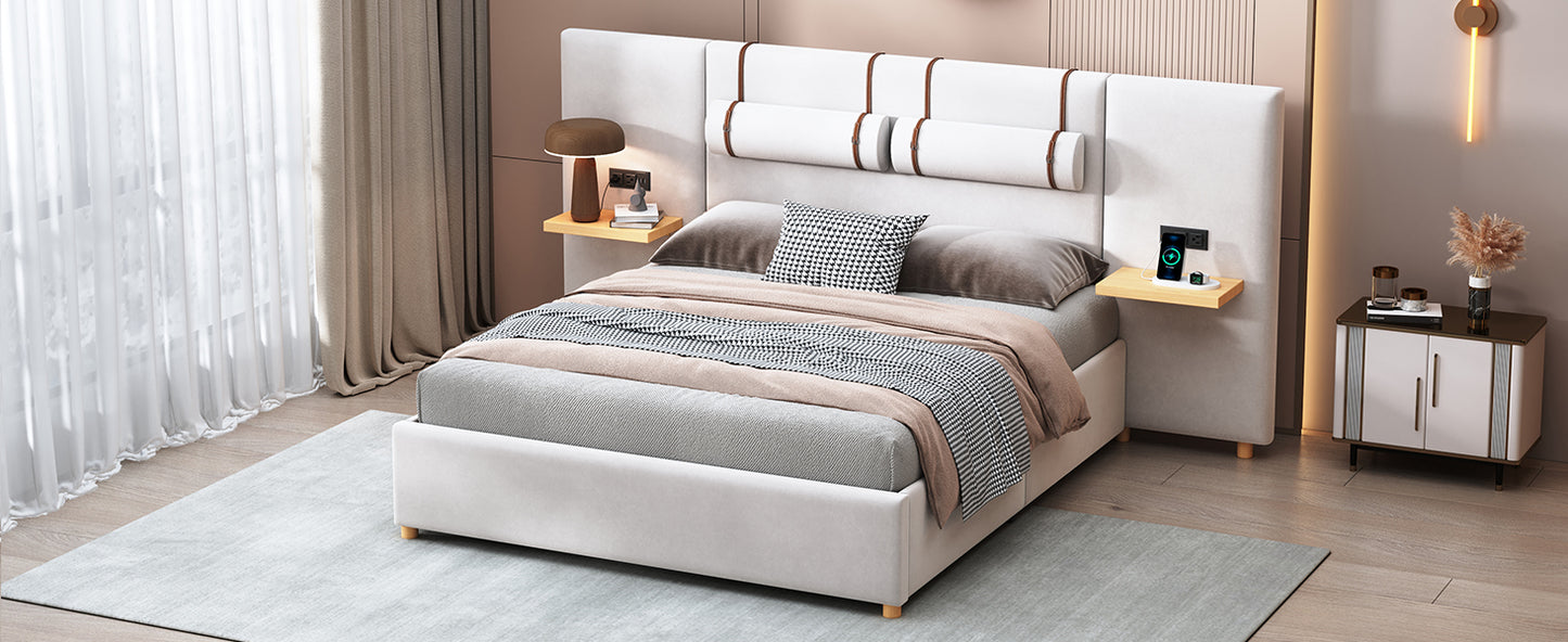 Queen Size Upholstered Platform Bed, Two Outlets and USB Charging Ports on Both Sides, Two Bedside Pillows, Storage Shelves, Beige