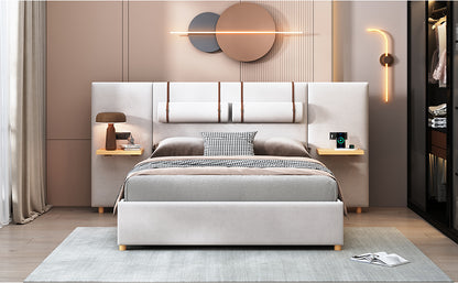 Queen Size Upholstered Platform Bed, Two Outlets and USB Charging Ports on Both Sides, Two Bedside Pillows, Storage Shelves, Beige
