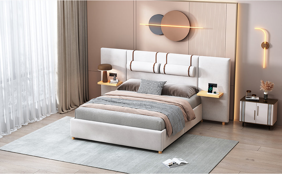 Queen Size Upholstered Platform Bed, Two Outlets and USB Charging Ports on Both Sides, Two Bedside Pillows, Storage Shelves, Beige