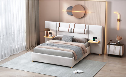 Queen Size Upholstered Platform Bed, Two Outlets and USB Charging Ports on Both Sides, Two Bedside Pillows, Storage Shelves, Beige