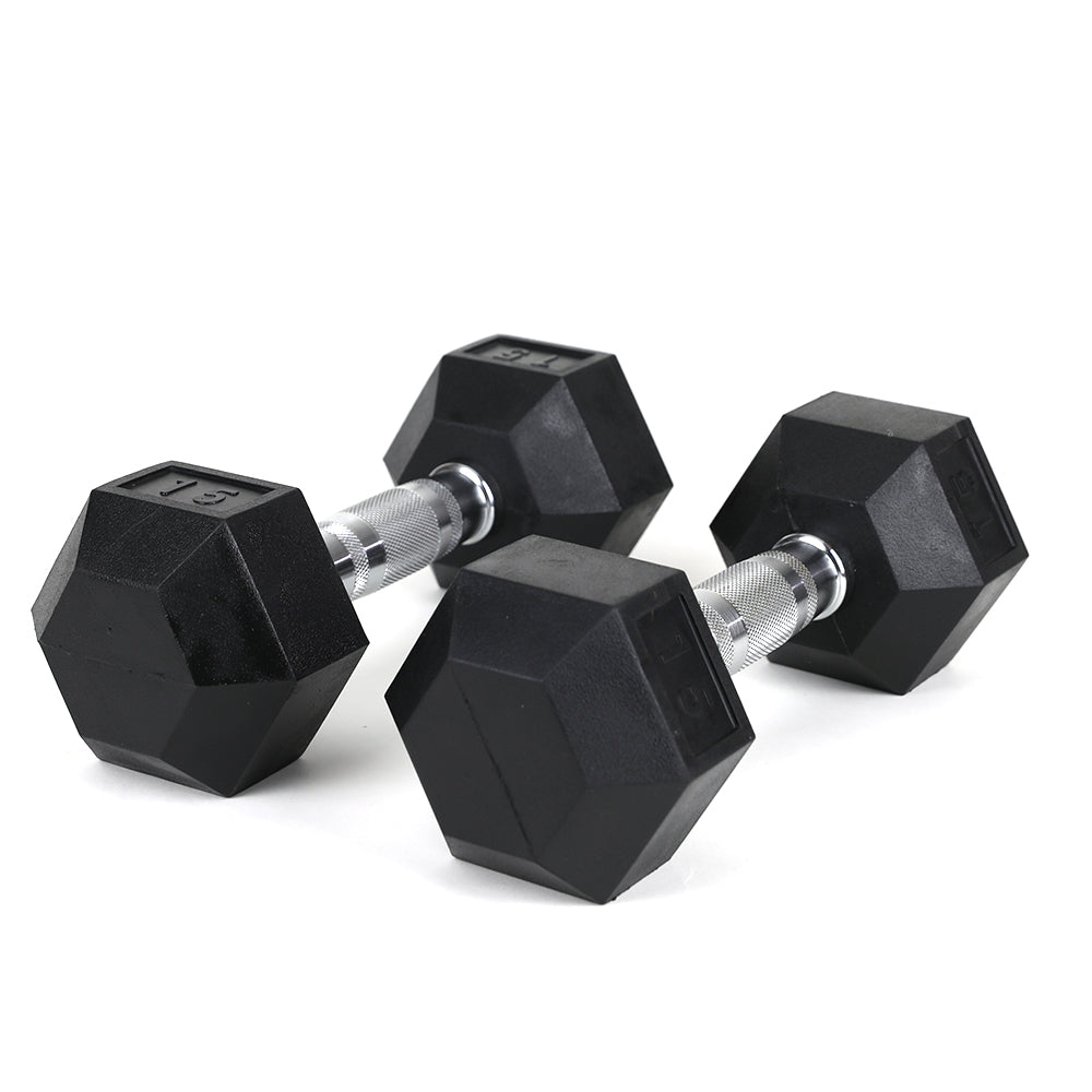 15LB (2piece)HDRS  Rubber Coated Solid Cast Iron Dumbbell with Contoured Chrome Handle, Hexagon Head【Support for self-pickup face sheet, daily face sheet submission deadline 16:00】