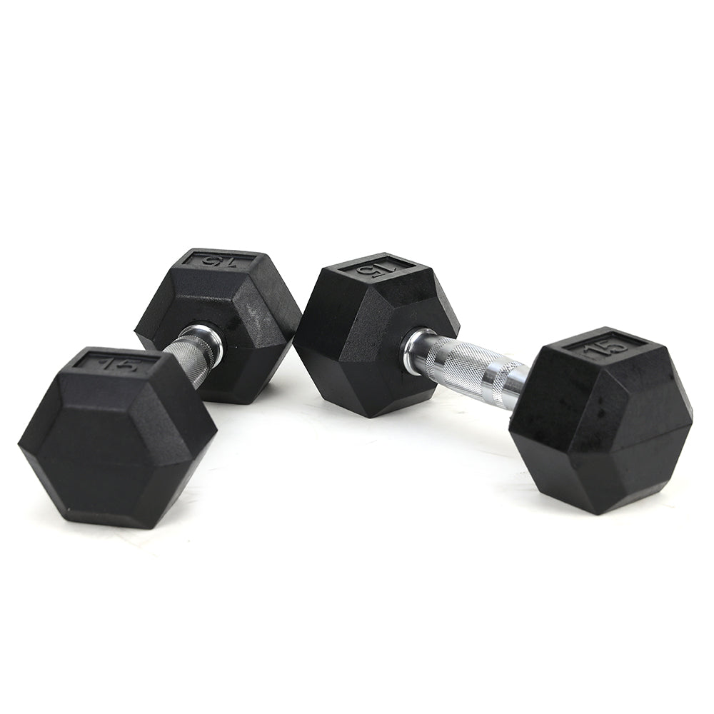15LB (2piece)HDRS  Rubber Coated Solid Cast Iron Dumbbell with Contoured Chrome Handle, Hexagon Head【Support for self-pickup face sheet, daily face sheet submission deadline 16:00】