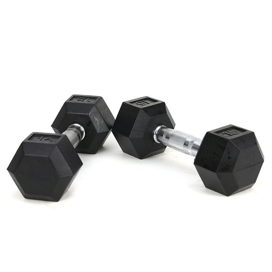 15LB (2piece)HDRS  Rubber Coated Solid Cast Iron Dumbbell with Contoured Chrome Handle, Hexagon Head【Support for self-pickup face sheet, daily face sheet submission deadline 16:00】