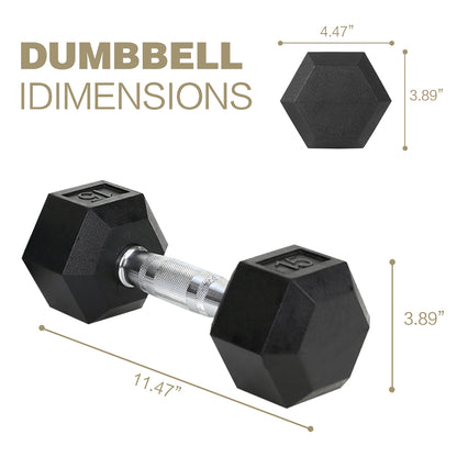 15LB (1piece)HDRS  Rubber Coated Solid Cast Iron Dumbbell with Contoured Chrome Handle, Hexagon Head