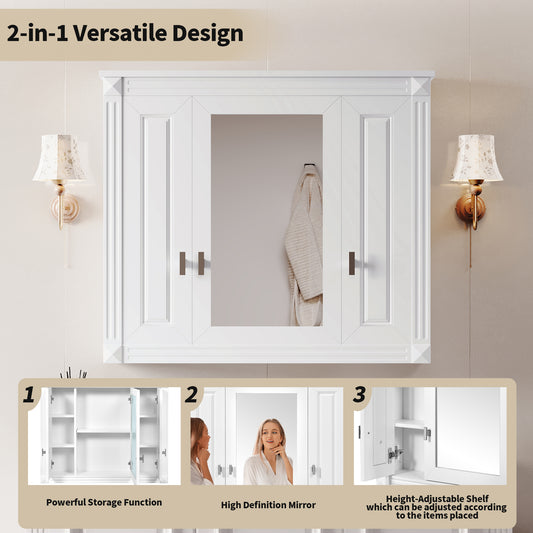 Bathroom Wall Cabinet with Mirror, Wall Mounted Medicine Cabinet with 4 Shelves, Mirrored Door Over Toilet Storage Cabinet, White