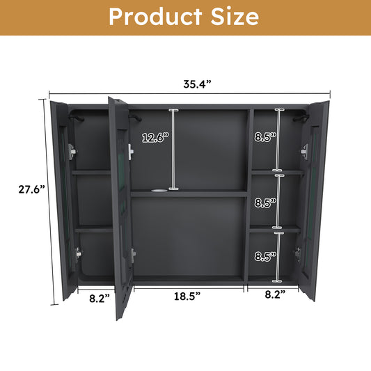Aluminium Medicine Cabinet Mirror, 35 x 28 Inches Medicine Cabinet with 3 Colors LED Light and Defogging Function, Bathroom Mirror Cabinet with Cosmetic Storage Rack and Hair Dryer Holder, Grey