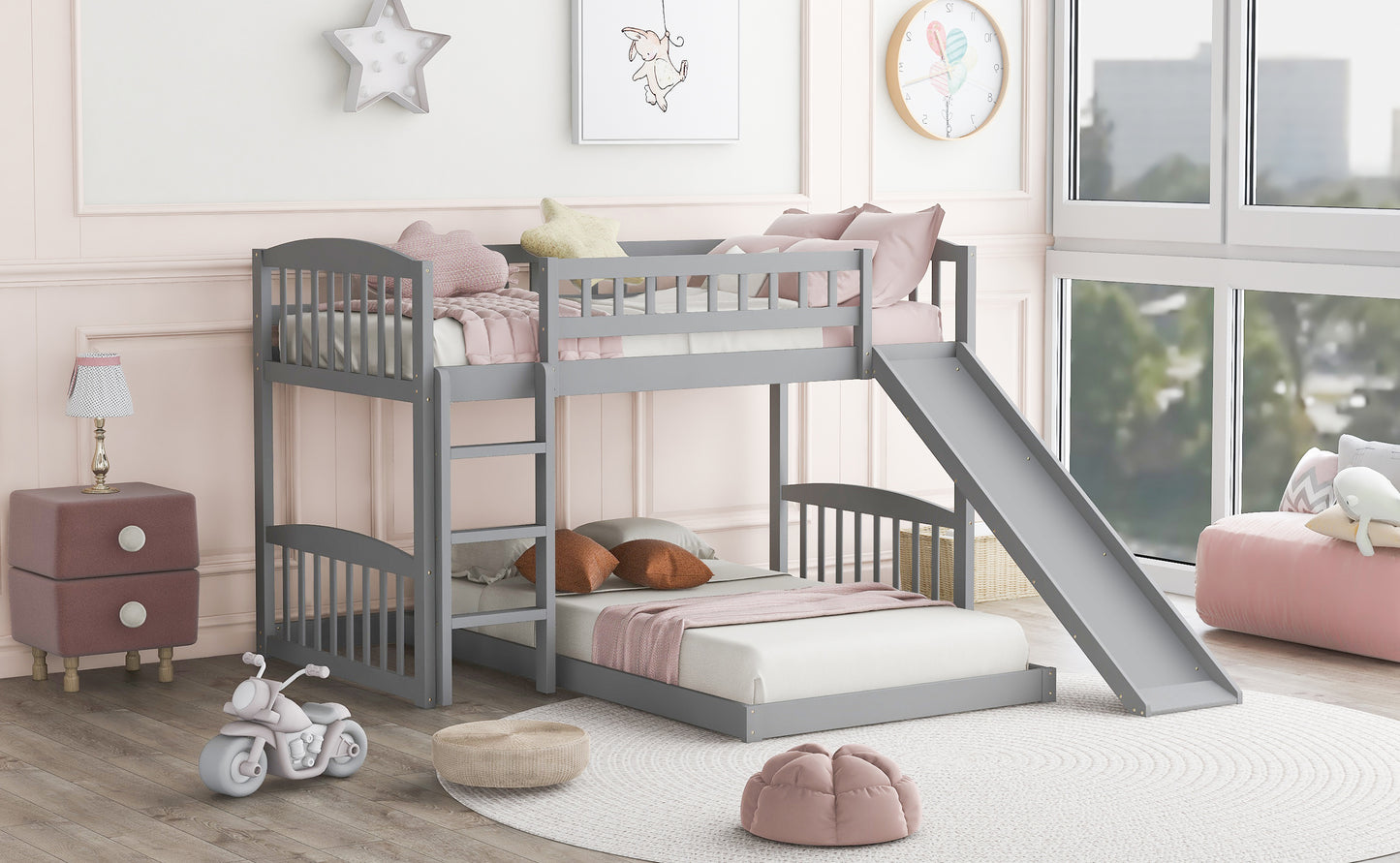 Twin Over Twin Bunk Bed with Slide and Ladder, Gray