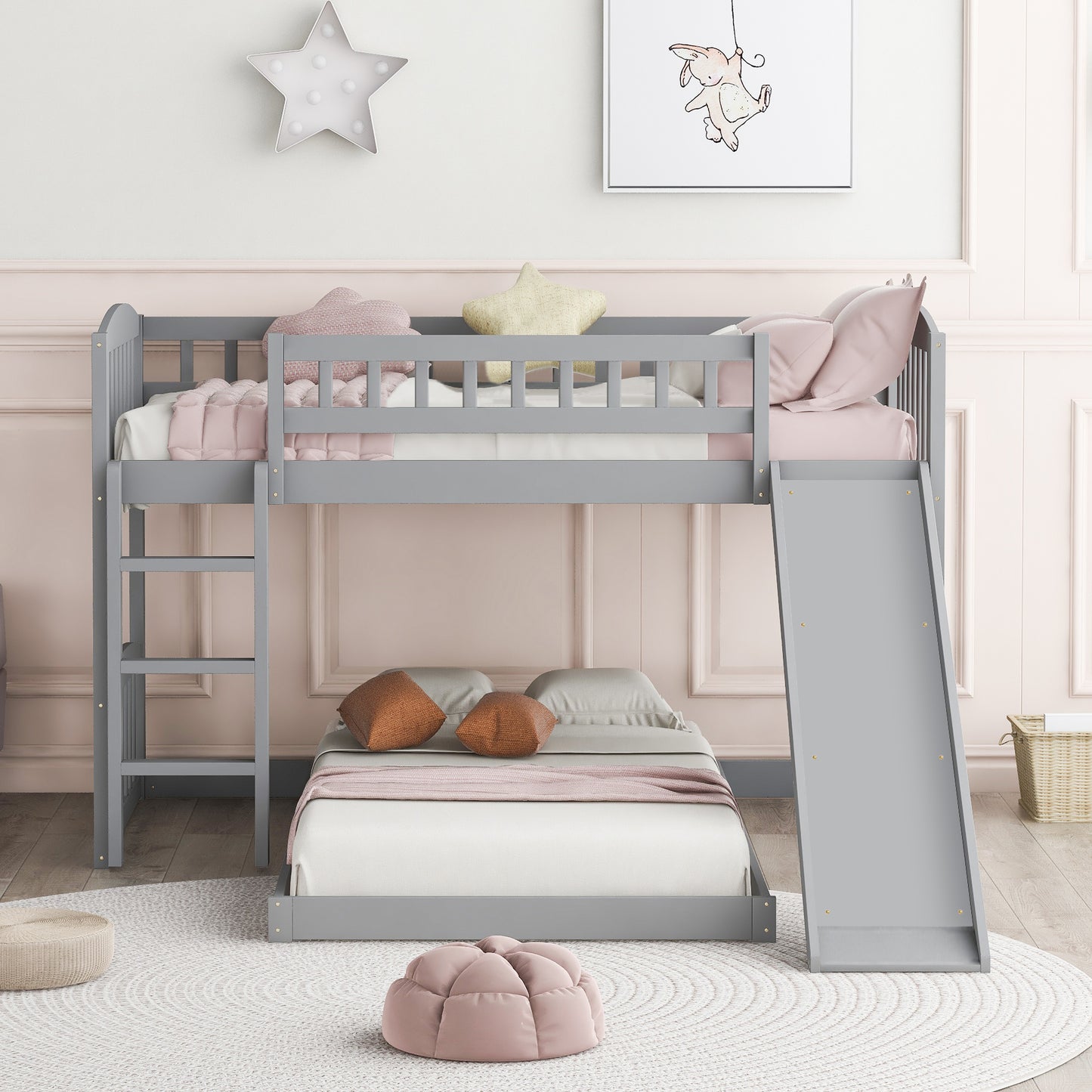 Twin Over Twin Bunk Bed with Slide and Ladder, Gray