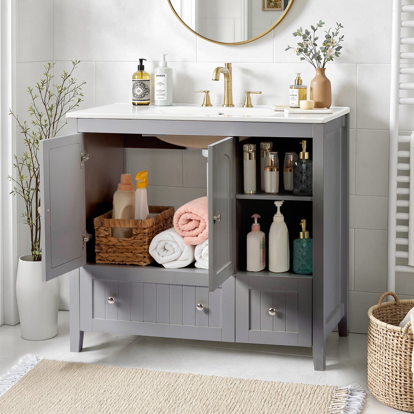 With Basin Grey MDF Lacquered Double Door & 2-Drawer Bathroom Vanity Cabinet with Decorative Molding - 91x46x82cm