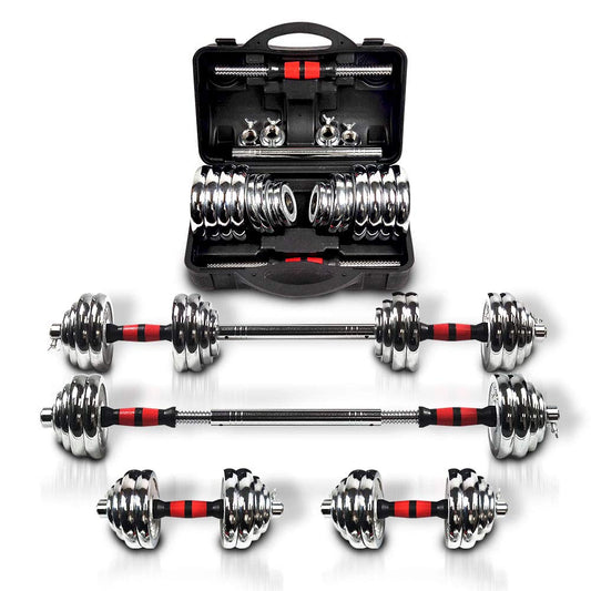44Lbs Adjustable Dumbbell Set With 3 in 1 Dumbbell Barbell Metal Connecting Rod, Chromed Weights, Hardcover Gift Box, Home Gym Exercise Training Equipment
