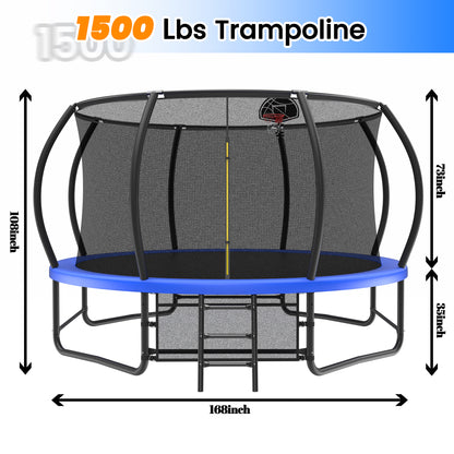 14FT Trampoline with Enclosure - Recreational Trampolines with Ladder and AntiRust Coating, ASTM Approval Outdoor Trampoline for Kids
