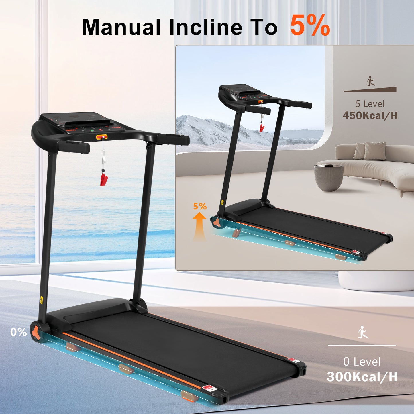 NEW Treadmills for Home, 2.5HP Quiet Folding Treadmill with Heart Rate Sensor,  300lbs Weight Capacity, 7.5MPH, Incline Treadmill With USB Charge Station & Bluetooth Speaker, 6 Shock-Absorbing