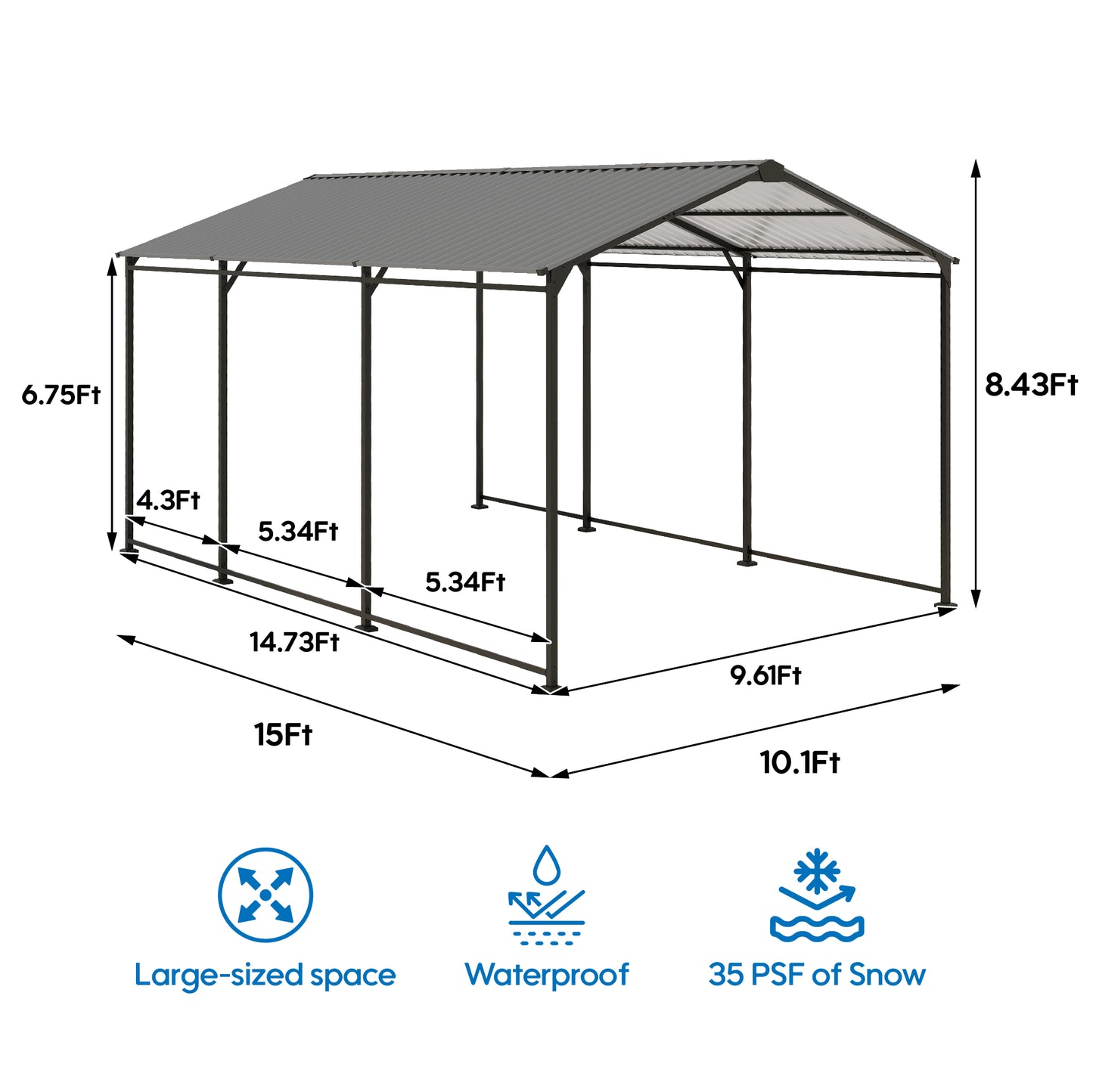 Metal Carport 10 ×15 FT Heavy Duty with Galvanized Steel Roof, Metal Garage Canopy with Galvanized Steel Roof & Frame, Car Tent Outdoor Storage Shed for Car, Boats and Truck, Gray
