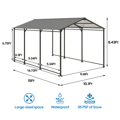 Metal Carport 10 ×15 FT Heavy Duty with Galvanized Steel Roof, Metal Garage Canopy with Galvanized Steel Roof & Frame, Car Tent Outdoor Storage Shed for Car, Boats and Truck, Gray