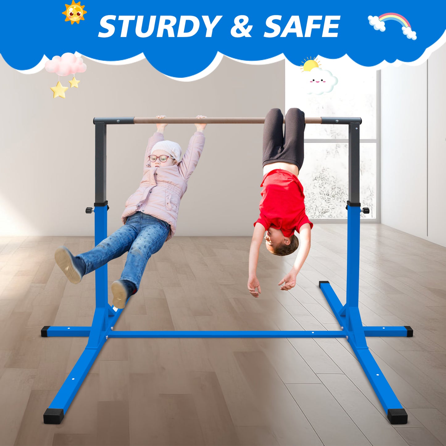 Gymnastics Bar for Kids, Adjustable Height Gym Bar, Junior Training Kip Bar for Home, Built for kids 3+ Years Blue