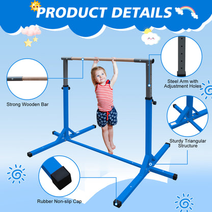 Gymnastics Bar for Kids, Adjustable Height Gym Bar, Junior Training Kip Bar for Home, Built for kids 3+ Years Blue