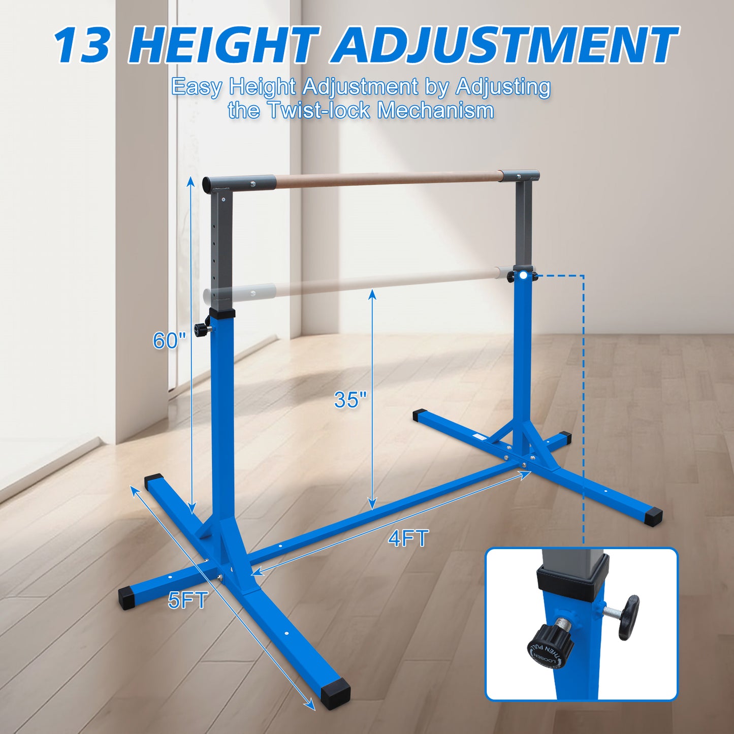 Gymnastics Bar for Kids, Adjustable Height Gym Bar, Junior Training Kip Bar for Home, Built for kids 3+ Years Blue