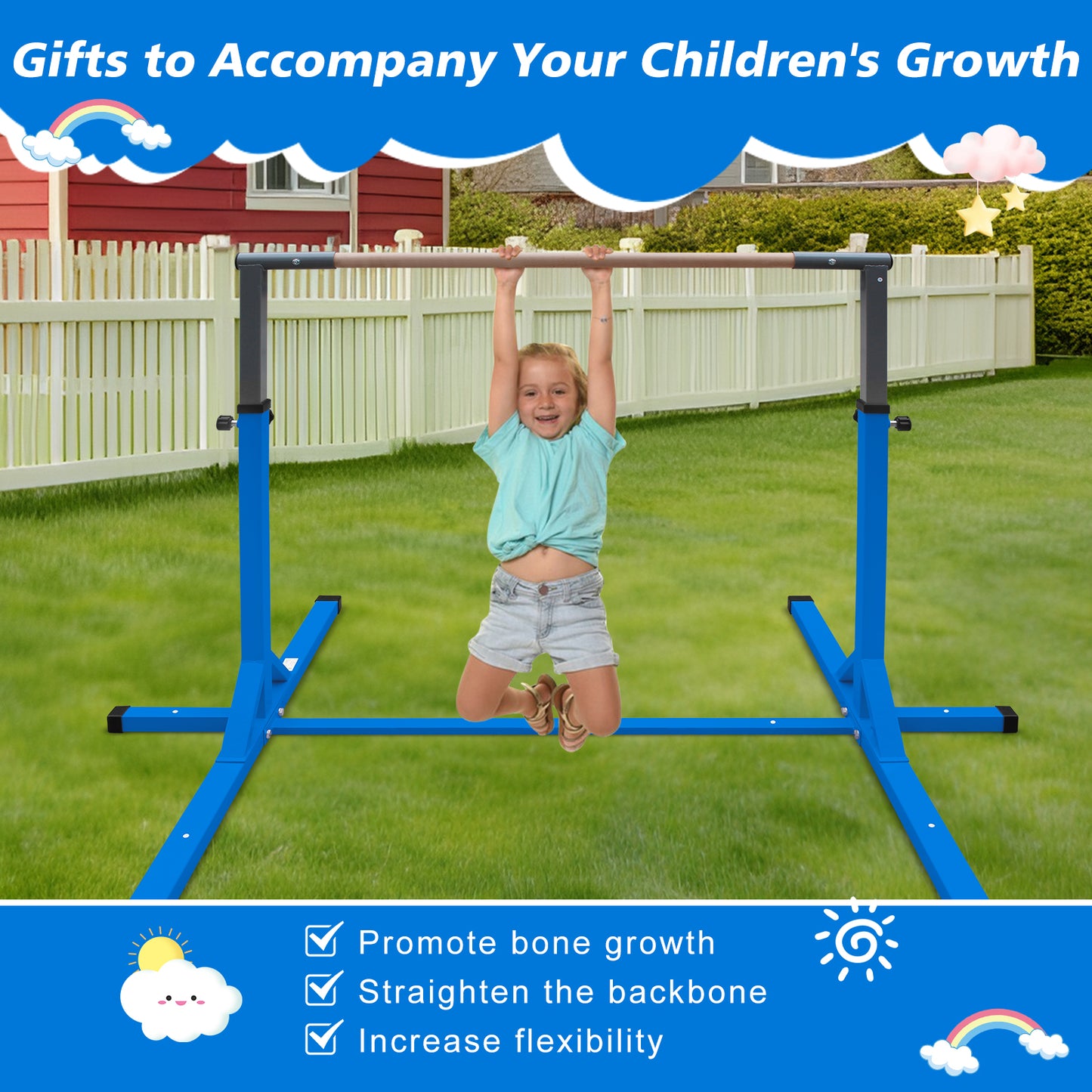 Gymnastics Bar for Kids, Adjustable Height Gym Bar, Junior Training Kip Bar for Home, Built for kids 3+ Years Blue