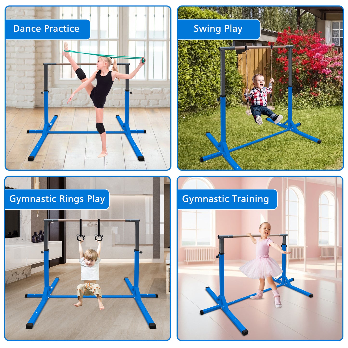Gymnastics Bar for Kids, Adjustable Height Gym Bar, Junior Training Kip Bar for Home, Built for kids 3+ Years Blue