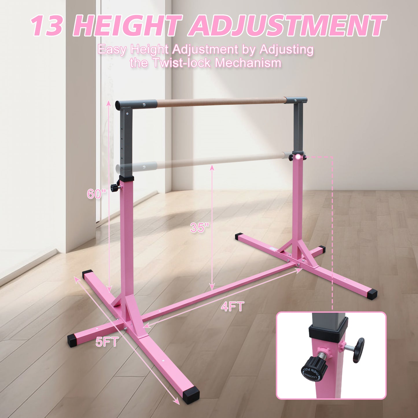 Gymnastics Bar for Kids, Adjustable Height Gym Bar, Junior Training Kip Bar for Home, Built for kids 3+ Years Pink