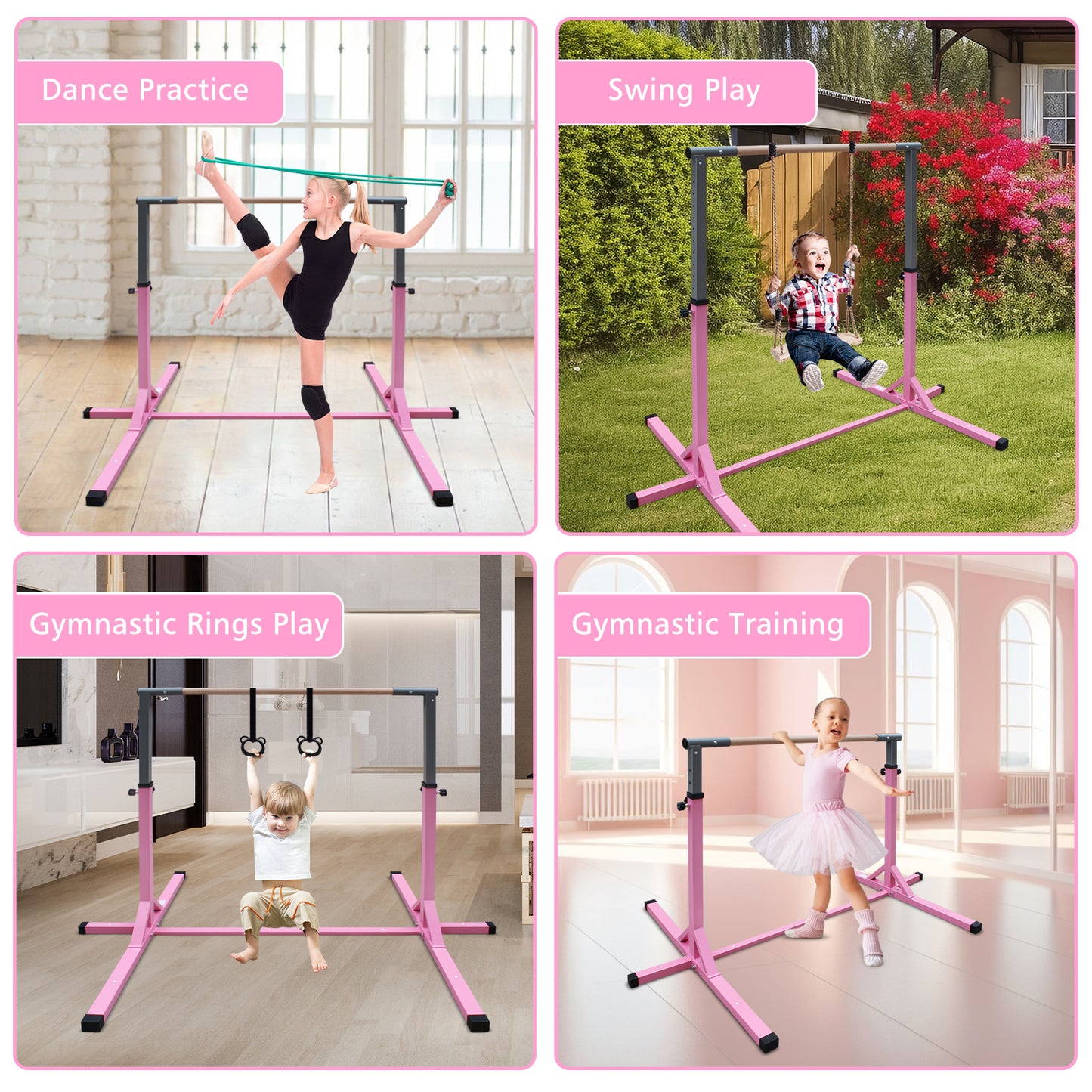 Gymnastics Bar for Kids, Adjustable Height Gym Bar, Junior Training Kip Bar for Home, Built for kids 3+ Years Pink