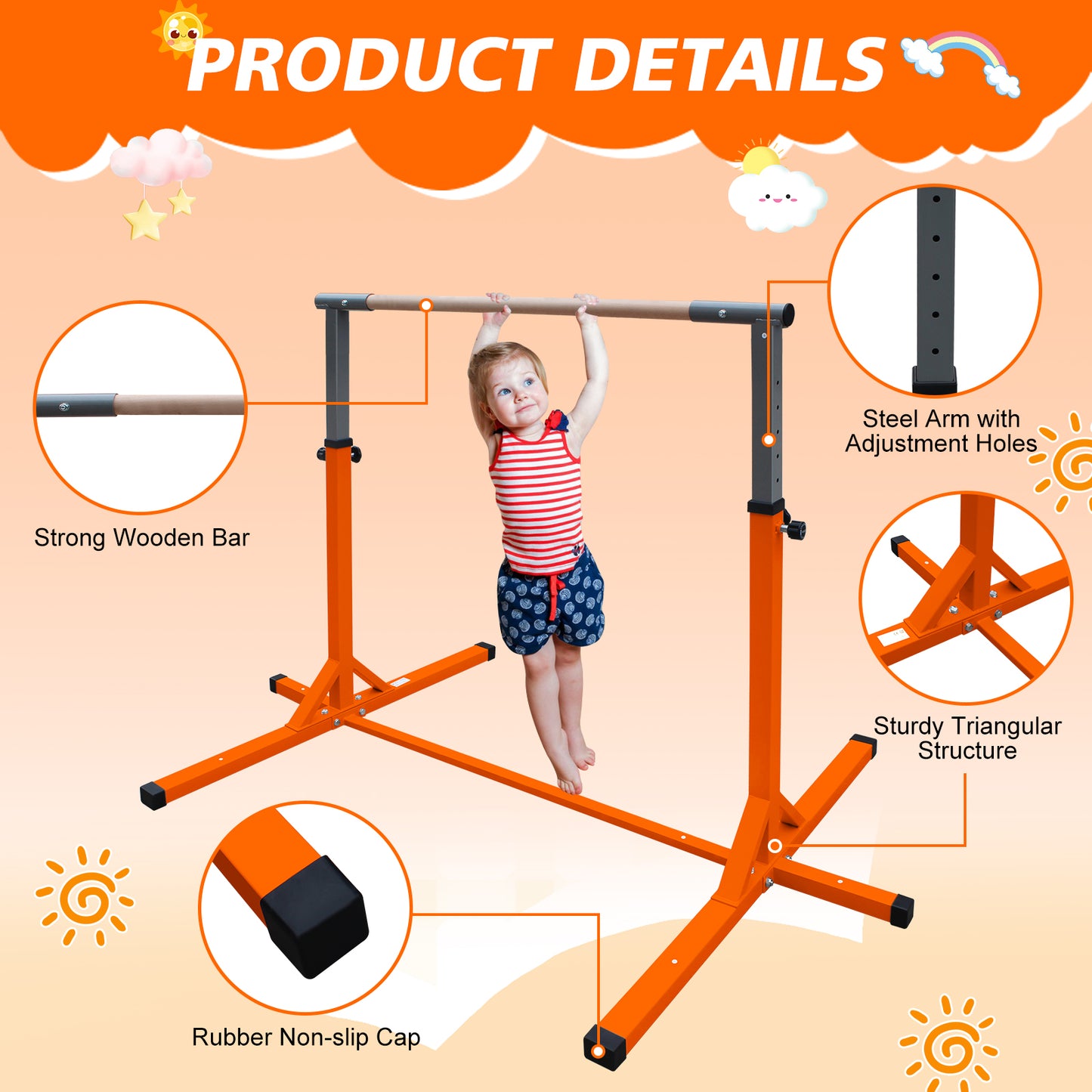 Gymnastics Bar for Kids, Adjustable Height Gym Bar, Junior Training Kip Bar for Home, Built for kids 3+ Years Yellow