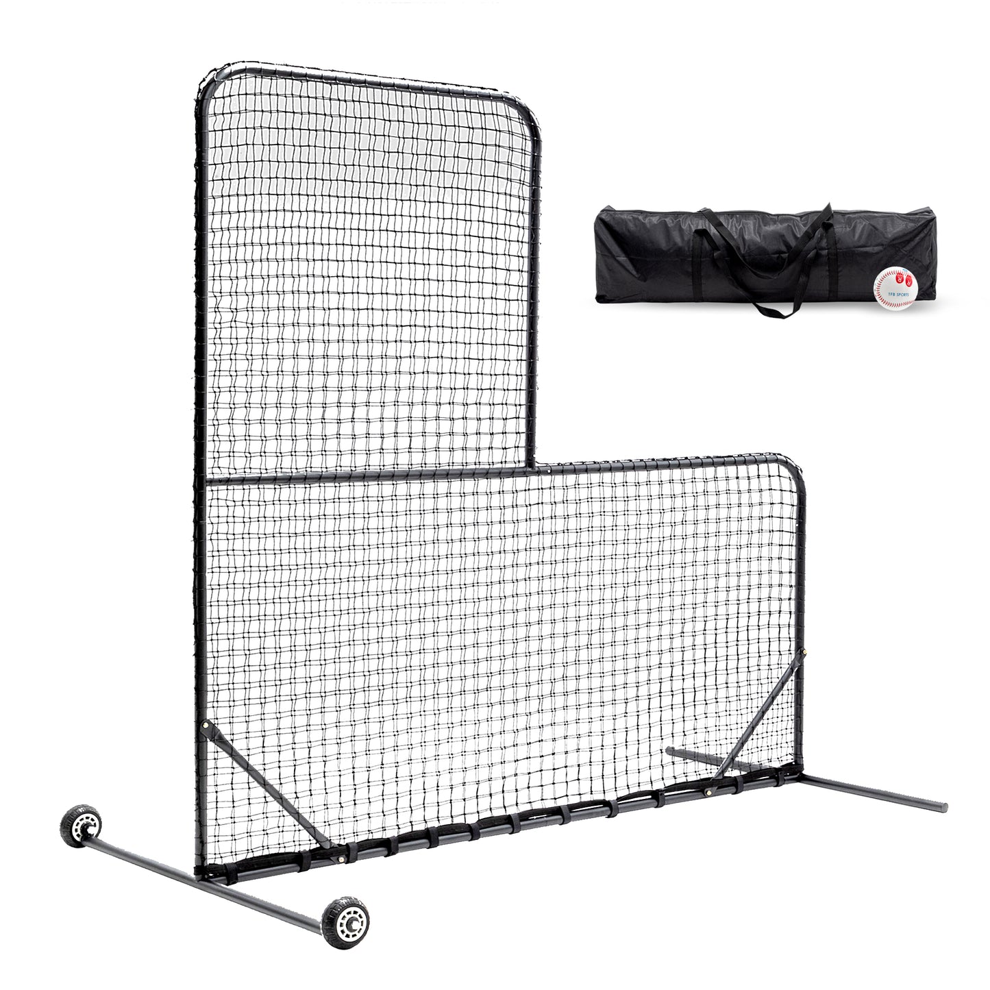 L-Shaped Baseball Net for Batting Cages, Baseball Pitching Net with Wheels  - 84''H x 84''W, with 42'' x 42'' Cutouts,include Carry Bag