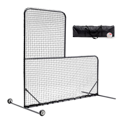 L-Shaped Baseball Net for Batting Cages, Baseball Pitching Net with Wheels  - 84''H x 84''W, with 42'' x 42'' Cutouts,include Carry Bag