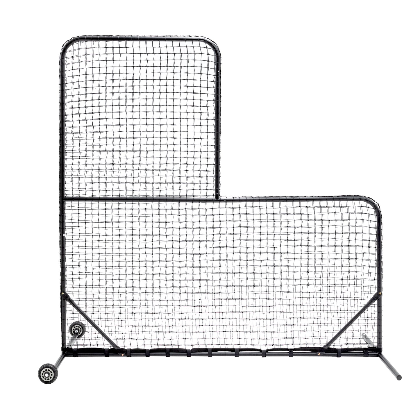 L-Shaped Baseball Net for Batting Cages, Baseball Pitching Net with Wheels  - 84''H x 84''W, with 42'' x 42'' Cutouts,include Carry Bag