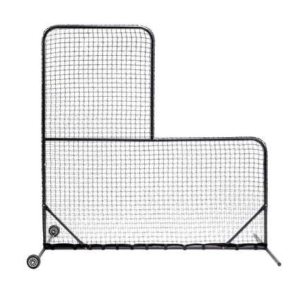 L-Shaped Baseball Net for Batting Cages, Baseball Pitching Net with Wheels  - 84''H x 84''W, with 42'' x 42'' Cutouts,include Carry Bag