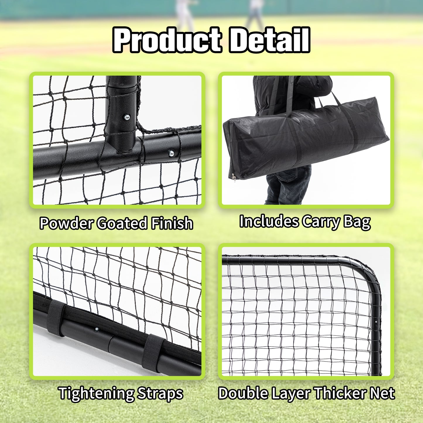 L-Shaped Baseball Net for Batting Cages, Baseball Pitching Net with Wheels  - 84''H x 84''W, with 42'' x 42'' Cutouts,include Carry Bag