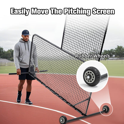 L-Shaped Baseball Net for Batting Cages, Baseball Pitching Net with Wheels  - 84''H x 84''W, with 42'' x 42'' Cutouts,include Carry Bag