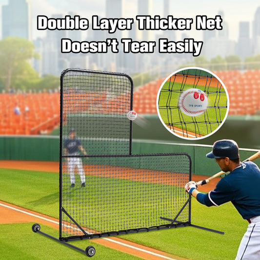 L-Shaped Baseball Net for Batting Cages, Baseball Pitching Net with Wheels  - 84''H x 84''W, with 42'' x 42'' Cutouts,include Carry Bag