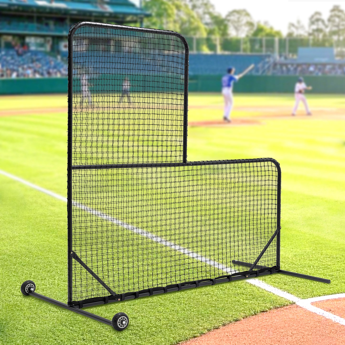 L-Shaped Baseball Net for Batting Cages, Baseball Pitching Net with Wheels  - 84''H x 84''W, with 42'' x 42'' Cutouts,include Carry Bag