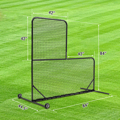L-Shaped Baseball Net for Batting Cages, Baseball Pitching Net with Wheels  - 84''H x 84''W, with 42'' x 42'' Cutouts,include Carry Bag
