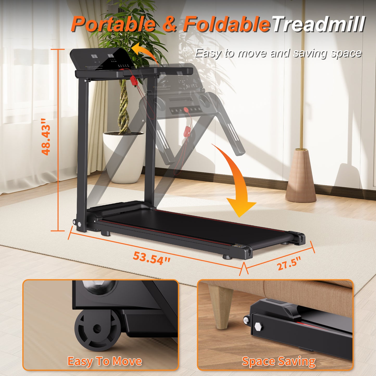 Foldable Treadmill with Handles Treadmills for Home Small Spaces 3HP Folding Treadmills Walking Pad Treadmill with Handle Bar Quiet Walking Machine, 300LBS Capacity, Portable Small Home Gym (Black)
