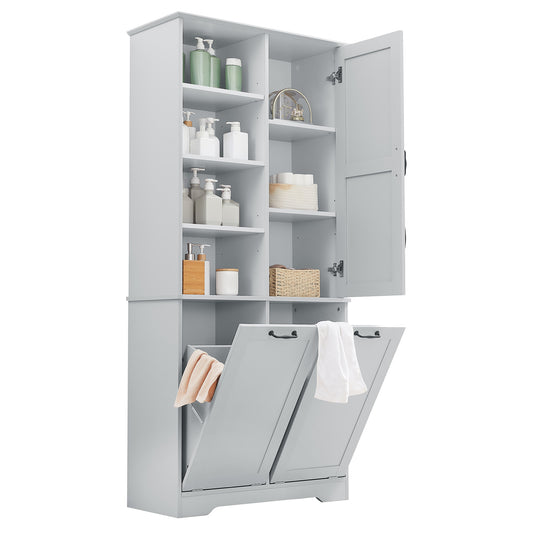 Bathroom Storage Cabinet with Doors and Drawers, Tilt-Out Laundry Hamper, Multiple Storage Space, Freestanding Style, Open Shelve, Adjustable Shelf, Gray