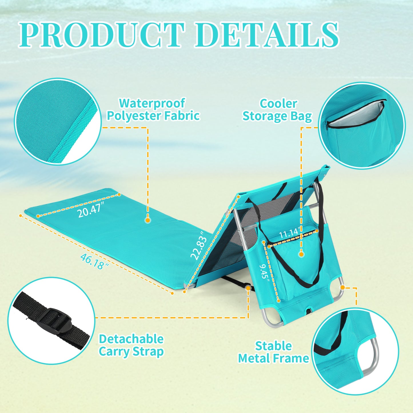 Foldable Beach Lounger, Lightweight Beach Mat Lounge Chair with Breathable Mesh Back, Cooler Pocket for Tanning Relaxing, Mint Green